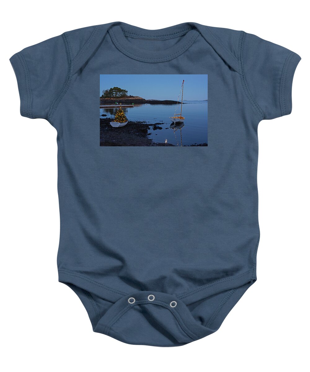 Marblehead Baby Onesie featuring the photograph Marblehead MA First Harbor Christmas Tree Row Boat Reflection by Toby McGuire