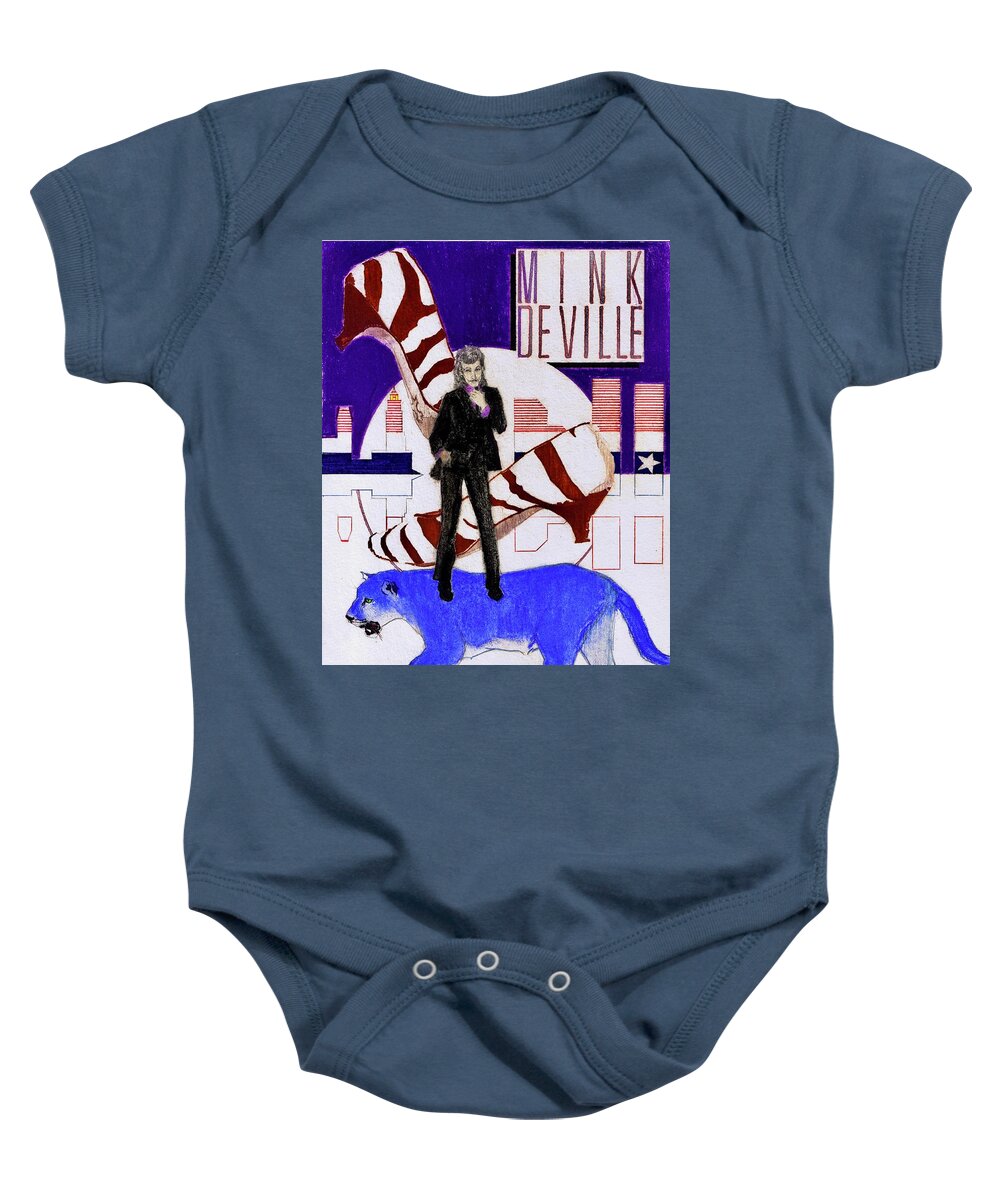 Willy Deville Baby Onesie featuring the drawing Mink DeVille - Le Chat Bleu by Sean Connolly