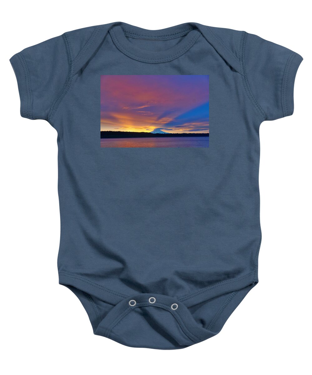 Salmon Bay Baby Onesie featuring the photograph Mount Rainier Sunrise by Bill TALICH