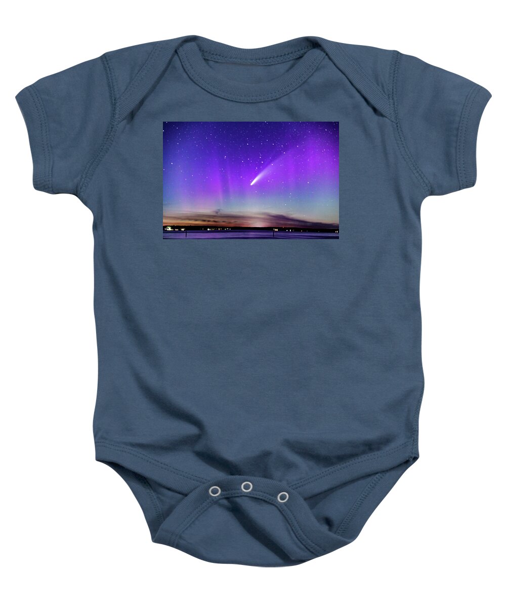 Neowise Comet Baby Onesie featuring the photograph NEOWISE COMET with a splash of Northern Lights by Joe Holley