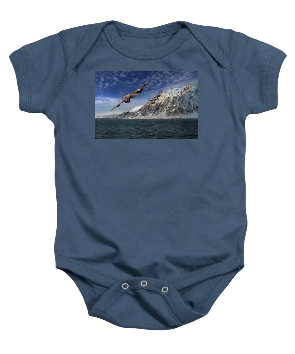 143 Squadron Baby Onesie featuring the photograph RAF Mosquitos in Norway fjord attack by Gary Eason