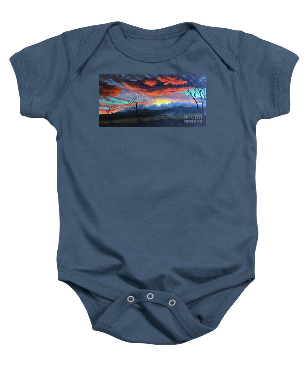 Sunset Baby Onesie featuring the painting River Arts District Asheville by Anne Marie Brown