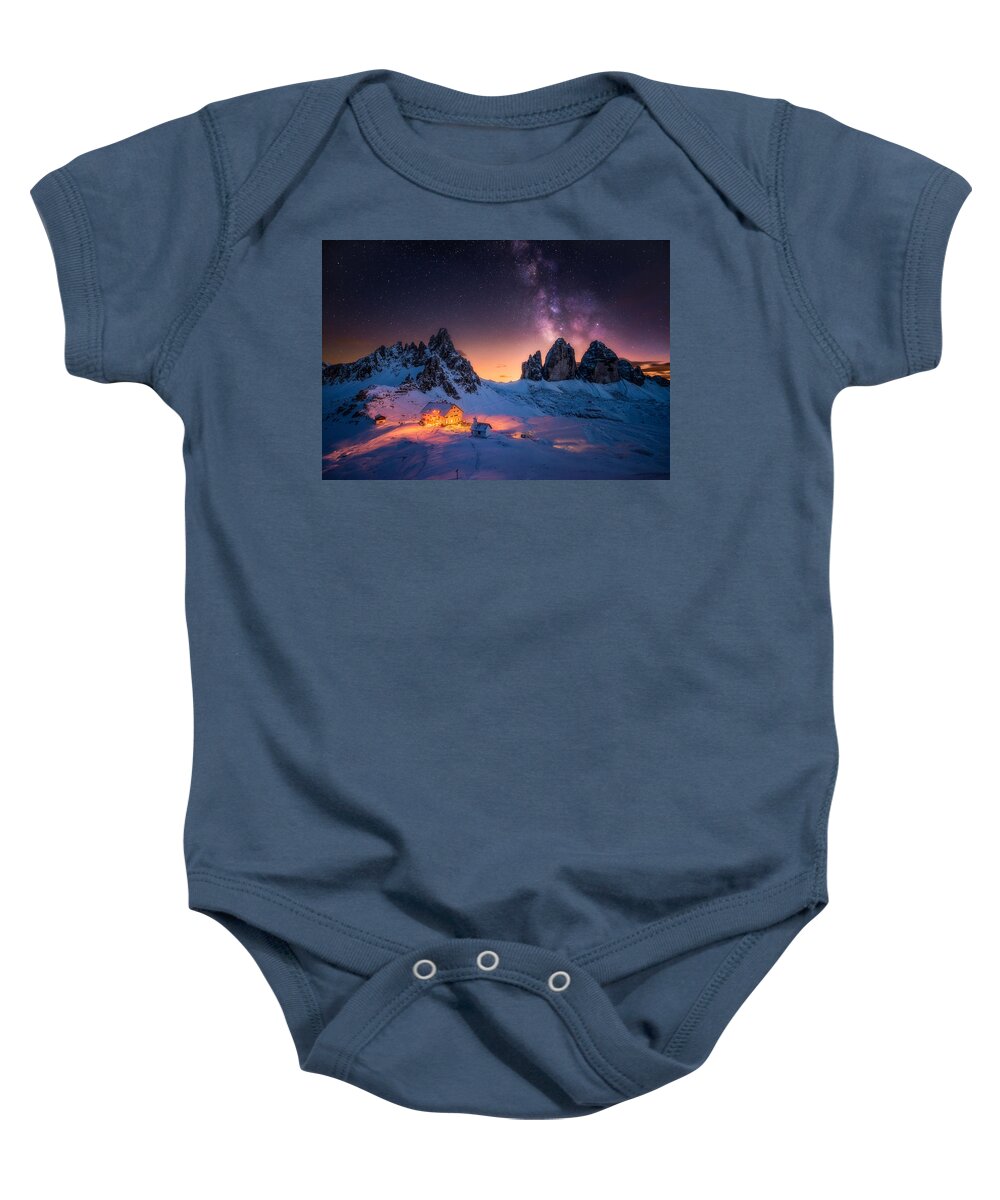 Night Baby Onesie featuring the photograph Snow Night at Tre Cime by Henry w Liu