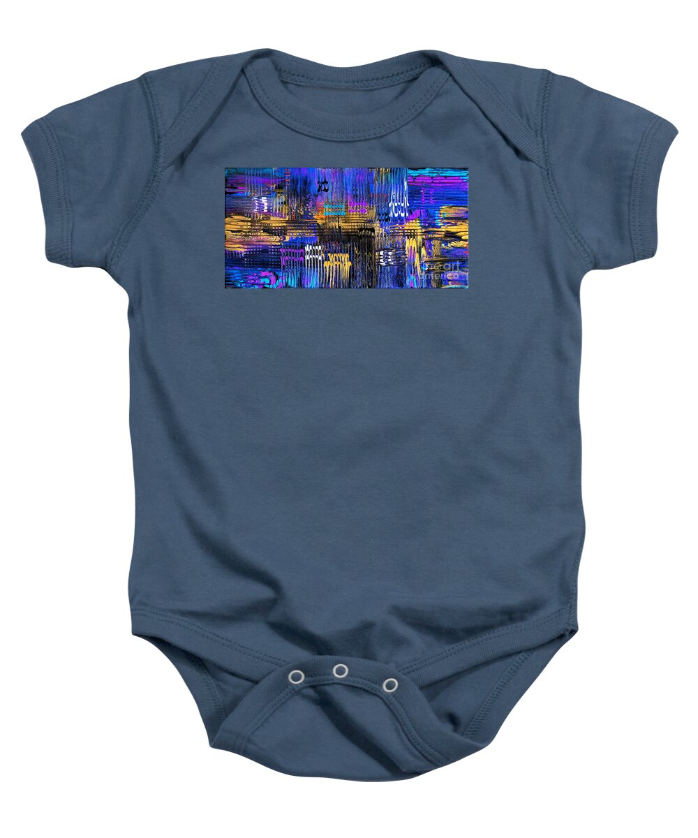 Colorful Dramatic Textural Flowing Blues Blue-hues Purple Gold Yellow Geometric Baby Onesie featuring the painting Sublime Abstracted Plaid 6923 by Priscilla Batzell Expressionist Art Studio Gallery