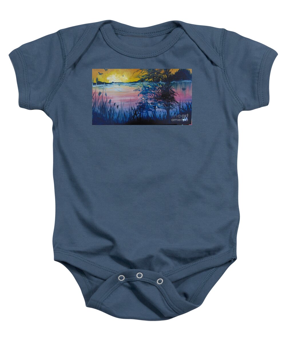 Lake Baby Onesie featuring the painting Sunset on the Lake by Saundra Johnson