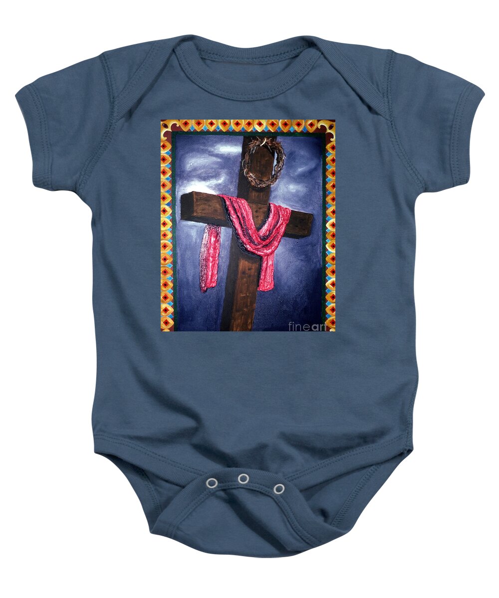 Wooden Cross Baby Onesie featuring the painting The Cross by Pamela Henry