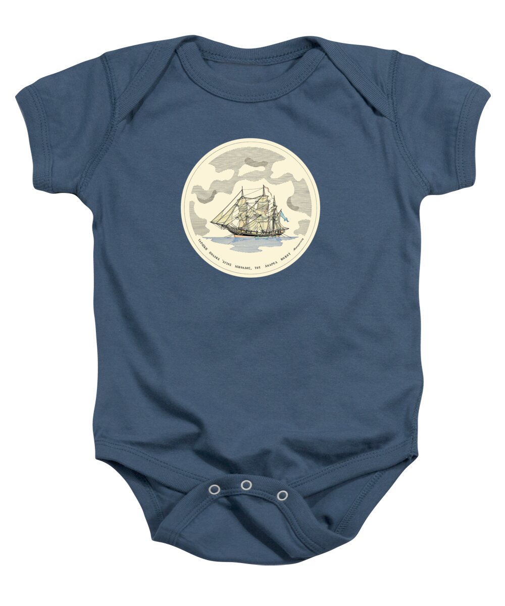 Historic Vessels Baby Onesie featuring the drawing The polacca Agios Nikolaos - 1809 - miniature with colored border by Panagiotis Mastrantonis