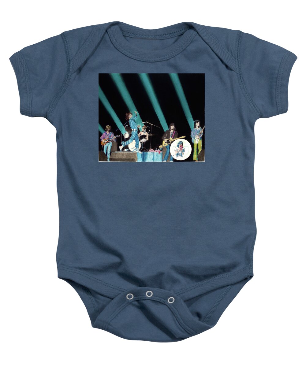 Colored Pencil Baby Onesie featuring the drawing The Rolling Stones Live 1972 by Sean Connolly