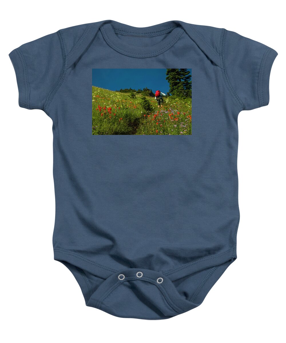 Mount Rainier National Park Baby Onesie featuring the photograph Trekking Among the Wildflowers by Doug Scrima