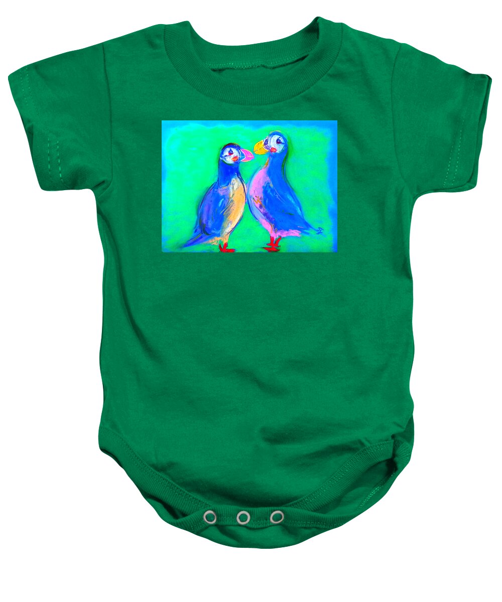 Art Baby Onesie featuring the painting Funky Puffins Gossip Session by Sue Jacobi