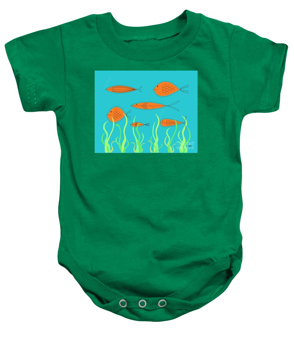 Abstract Baby Onesie featuring the digital art Mid Century Fish 2 by Donna Mibus