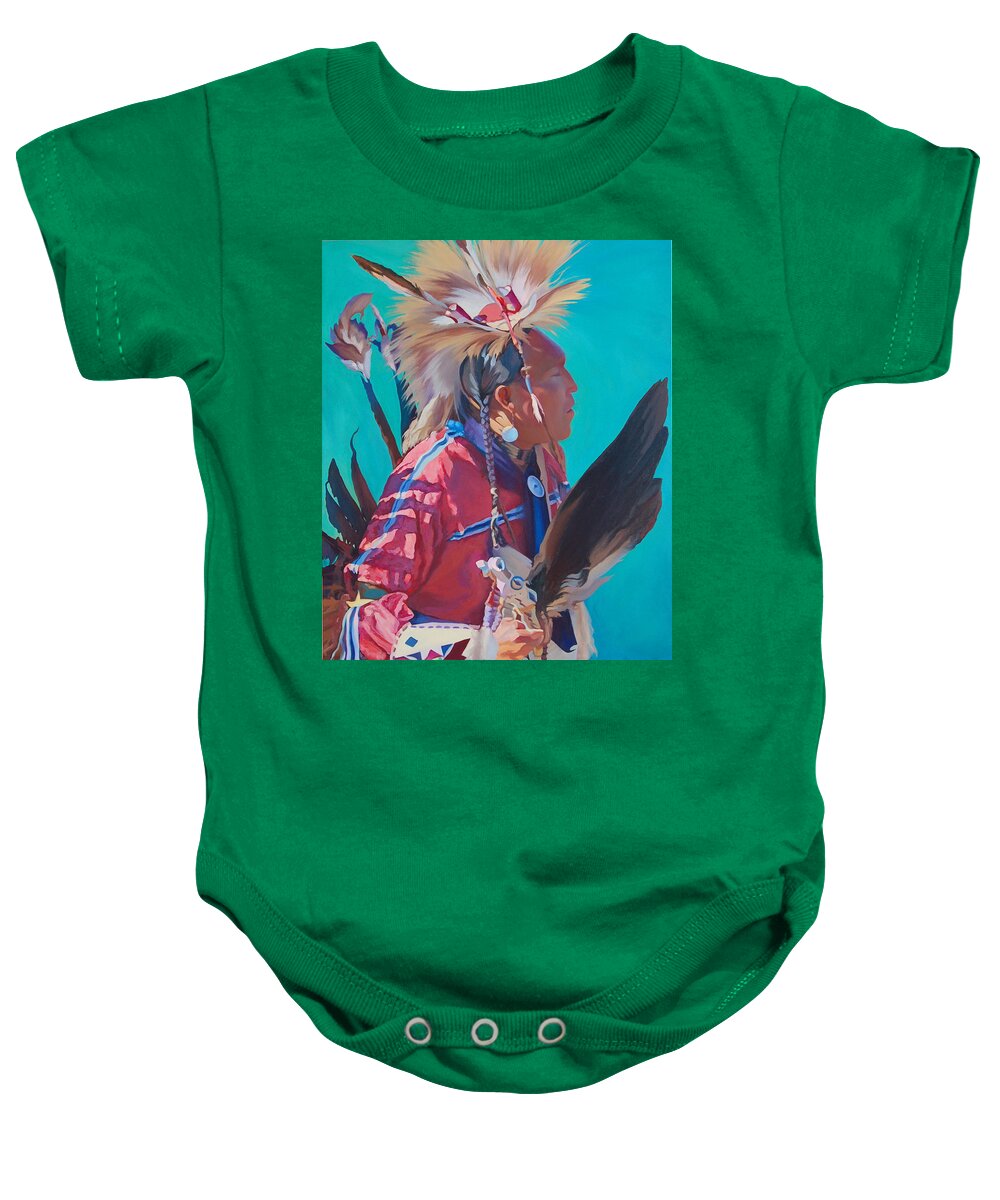 Native American Baby Onesie featuring the painting Spirit of the Dance by Christine Lytwynczuk