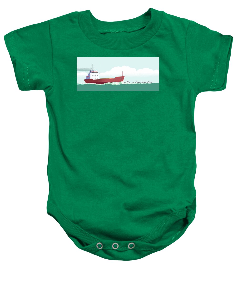 Dolphin Cetacea Flipper Fish Ocean Lake River Sailing Sailboat Marine Mammal Fins Fluke Fin Flukes Ship Cargo Steamer Freighter Steamboat  Baby Onesie featuring the digital art Dolphin Dance by Gary Giacomelli