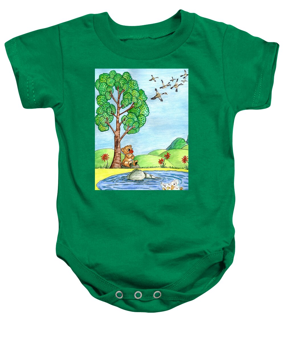 Bear Baby Onesie featuring the painting Bear With Flowers by Christina Wedberg
