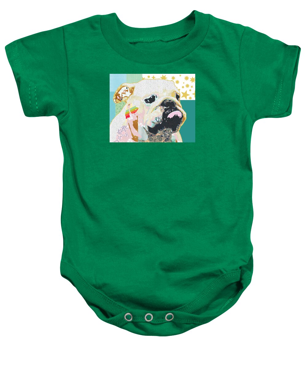 Bulldog Baby Onesie featuring the mixed media Bulldog Collage by Claudia Schoen