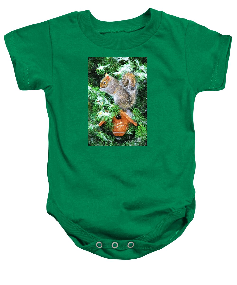 Squirrel Baby Onesie featuring the photograph Merry Christmas Squirrel by Tina LeCour