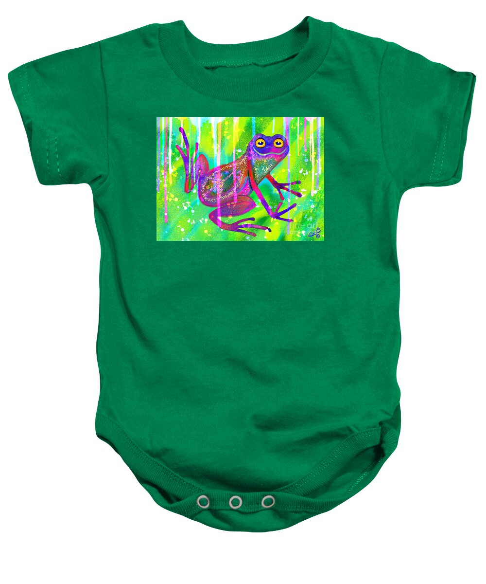 Frog Baby Onesie featuring the painting Peace frog in the Rainbow Rain by Nick Gustafson