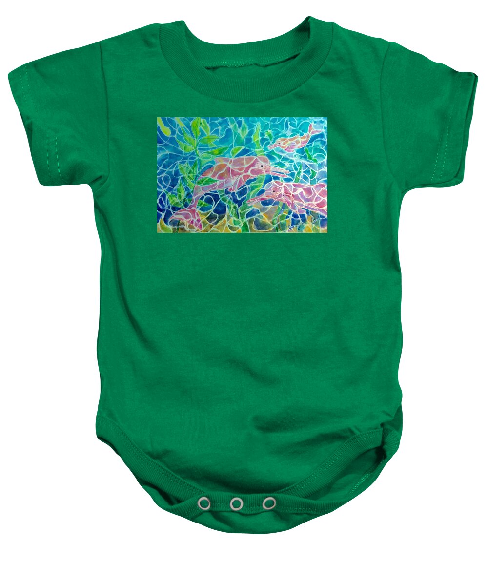 Amazon River Dolphins Baby Onesie featuring the painting Amazon River Dolphins - Pink by Ellen Levinson