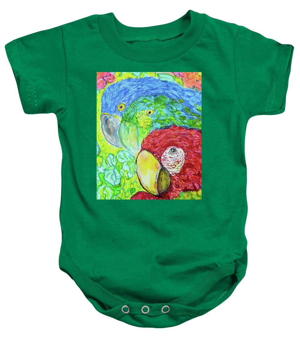 Silk Painting Birds Macaws Baby Onesie featuring the painting Three Amigos by Susan Moody