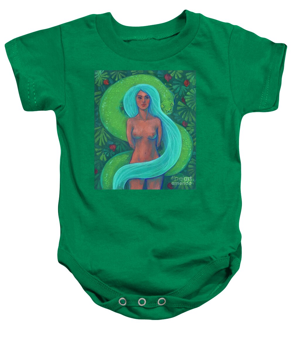  Garden Of Eden Baby Onesie featuring the painting Eve and Serpent by Julia Khoroshikh