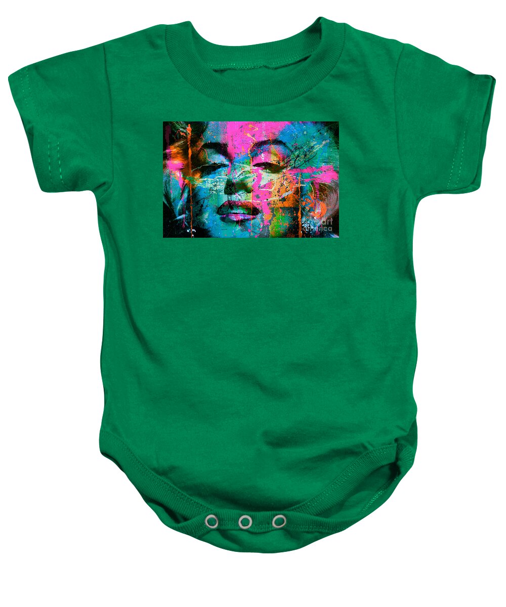 #marilynmonroe #s #marilyn #hollywood #art #vintage #oldhollywood #retro #monroe #actress #fashion #model #icon #photography #beautiful #like #love #follow #normajeane #beauty #artist #popart #blonde #classichollywood #mm #queen #style #happy #music #bhfyp Baby Onesie featuring the painting Motiv Original Marilyn Monroe Splash Silver Green - Airbrush on Silver Metall by Felix Von Altersheim