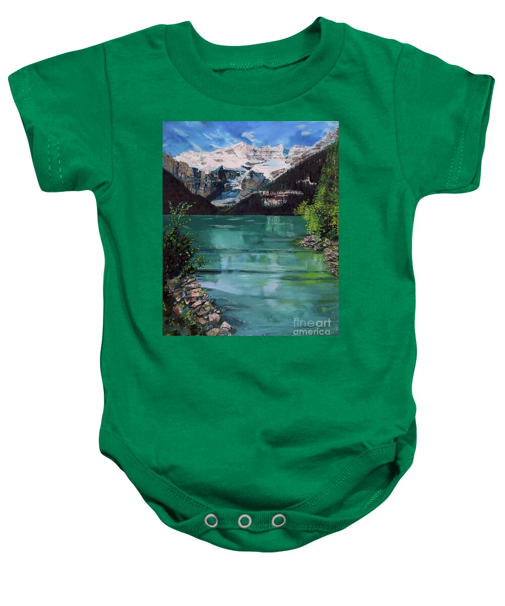 Lake Louise Baby Onesie featuring the painting Reflections at Lake Louise by Jan Dappen