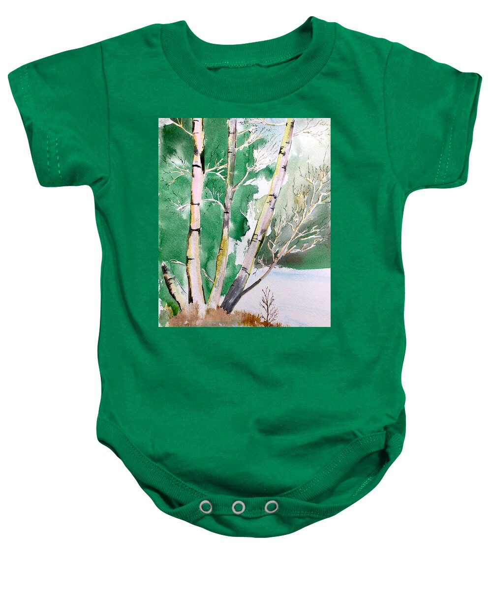 Silver Baby Onesie featuring the painting Silver Birch In Snow by AHONU Aingeal Rose