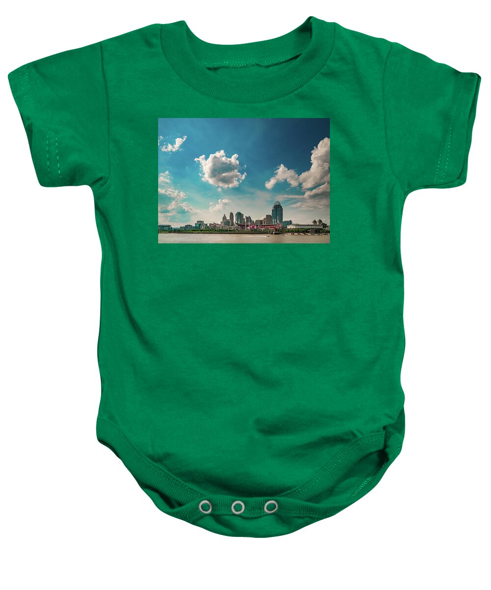 Cincinnati Baby Onesie featuring the photograph Cincinnati Ohio Reds Day Game and Skyline by Dave Morgan