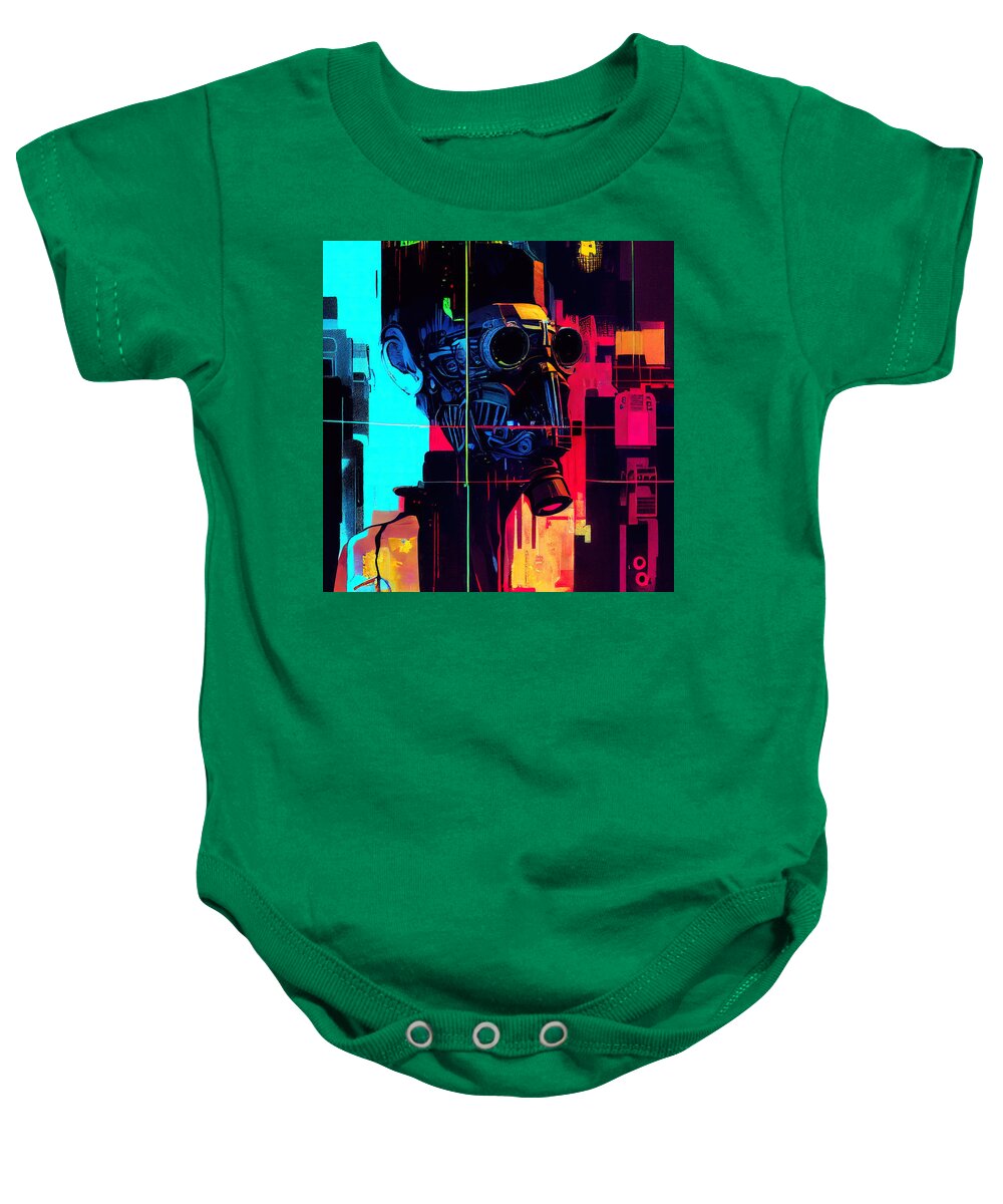 Robot Baby Onesie featuring the painting Cyberpunk Society, 02 by AM FineArtPrints