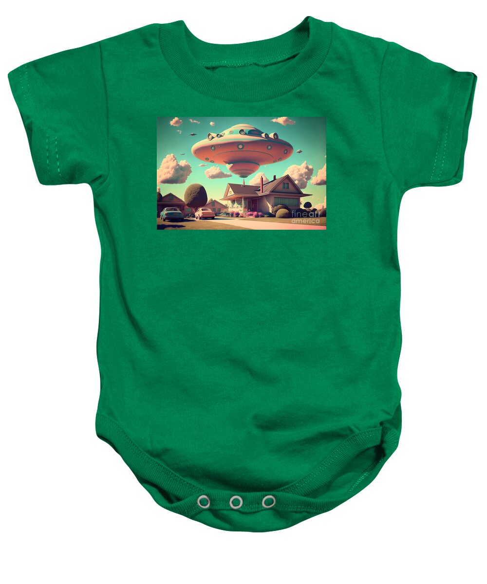 Flying Baby Onesie featuring the mixed media Flying Saucer Frenzy I by Jay Schankman