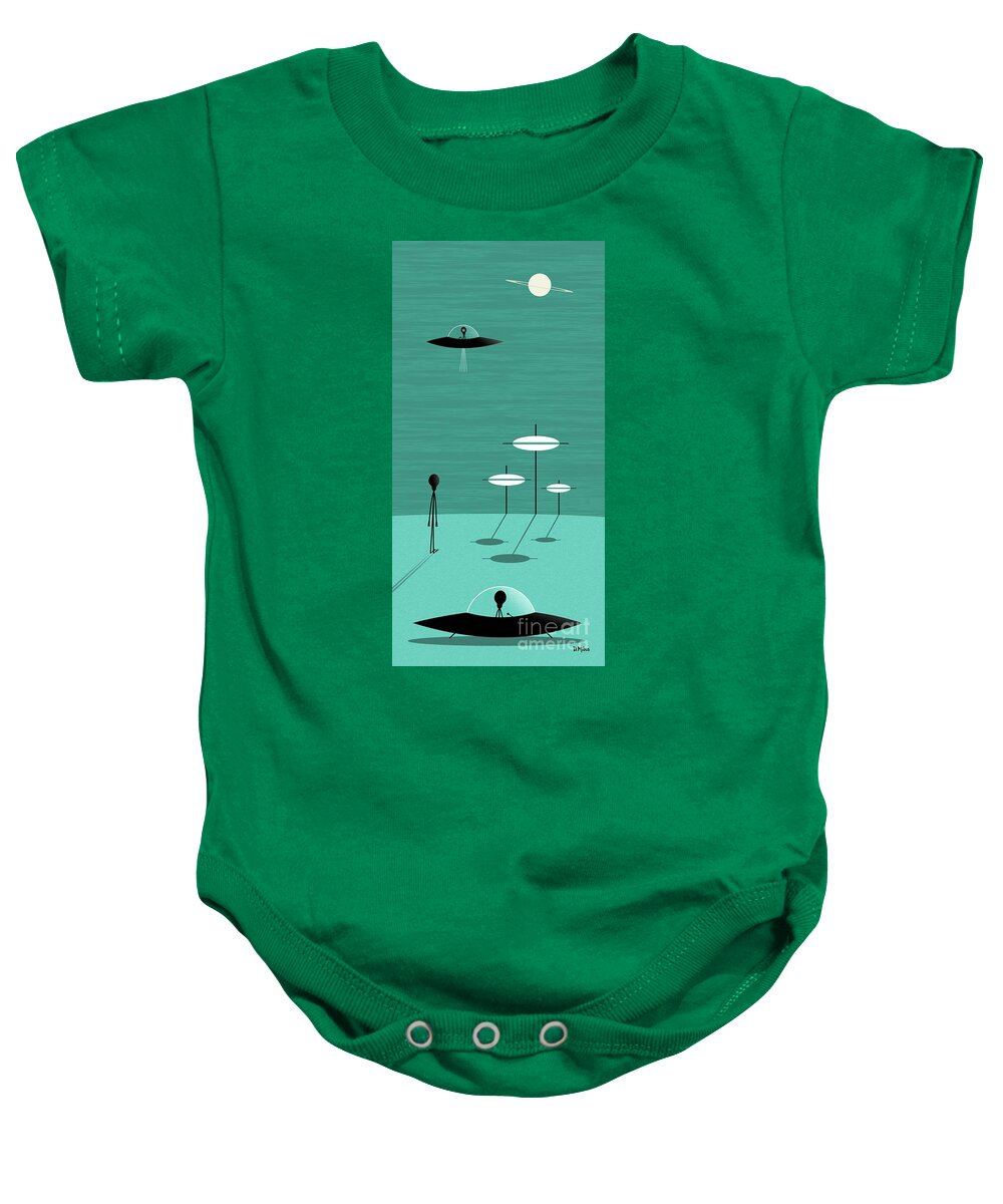 Sci Fi Art Baby Onesie featuring the digital art Friendly Aliens Visit Teal Planet by Donna Mibus