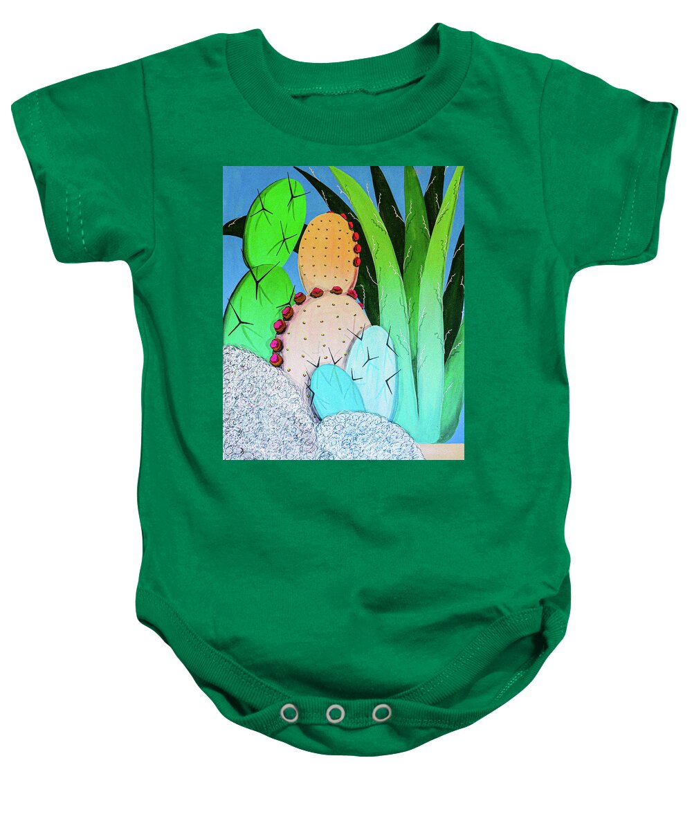 New Mexico Baby Onesie featuring the painting Lots of Cactus by Ted Clifton