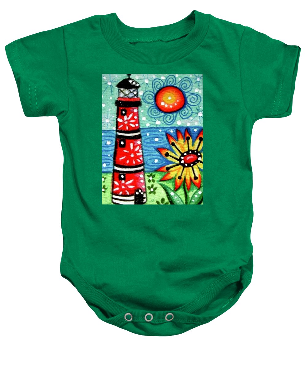 Whimsical Baby Onesie featuring the painting Red Whimsical Lighthouse by Monica Resinger