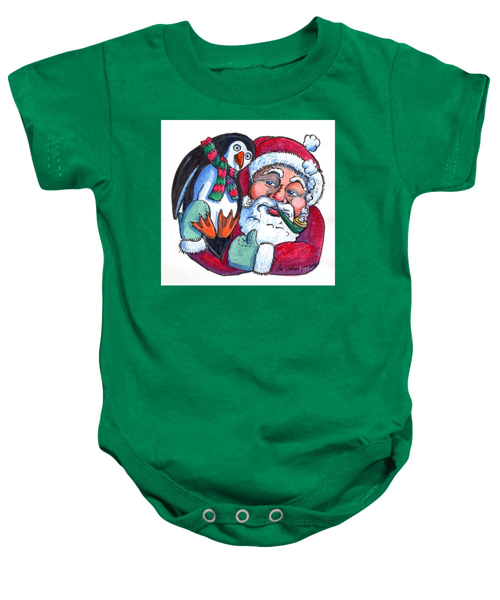 Santa Baby Onesie featuring the drawing Santa and Penguin by Eric Haines
