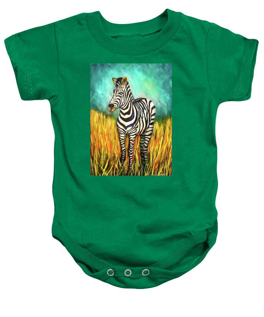 Oil Painting Baby Onesie featuring the painting Zebra In Field by Sherrell Rodgers