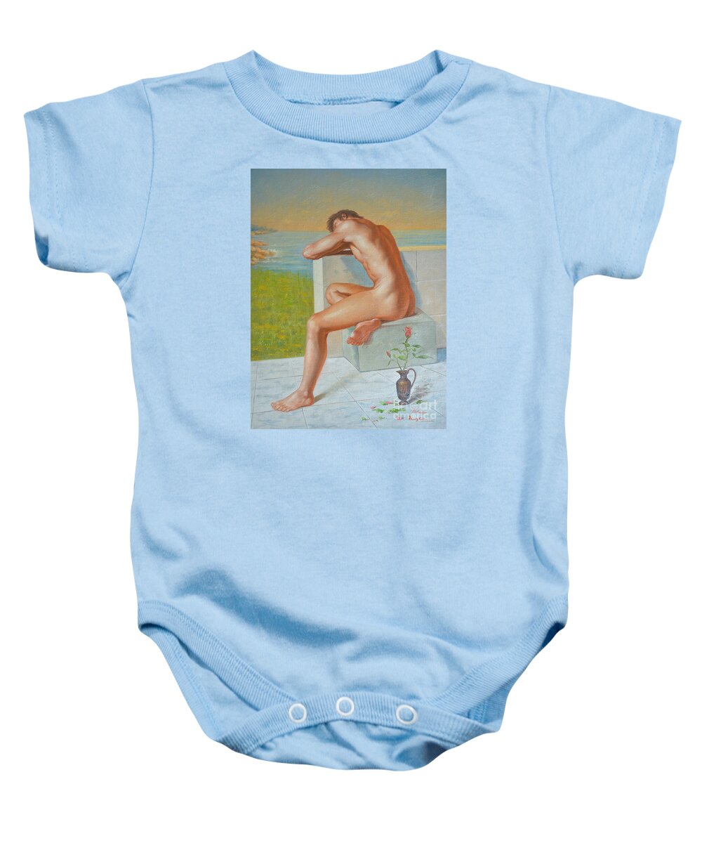 Original Baby Onesie featuring the painting Original Classic Oil Painting Man Body Art Male Nude And Vase #16-2-4-09 by Hongtao Huang