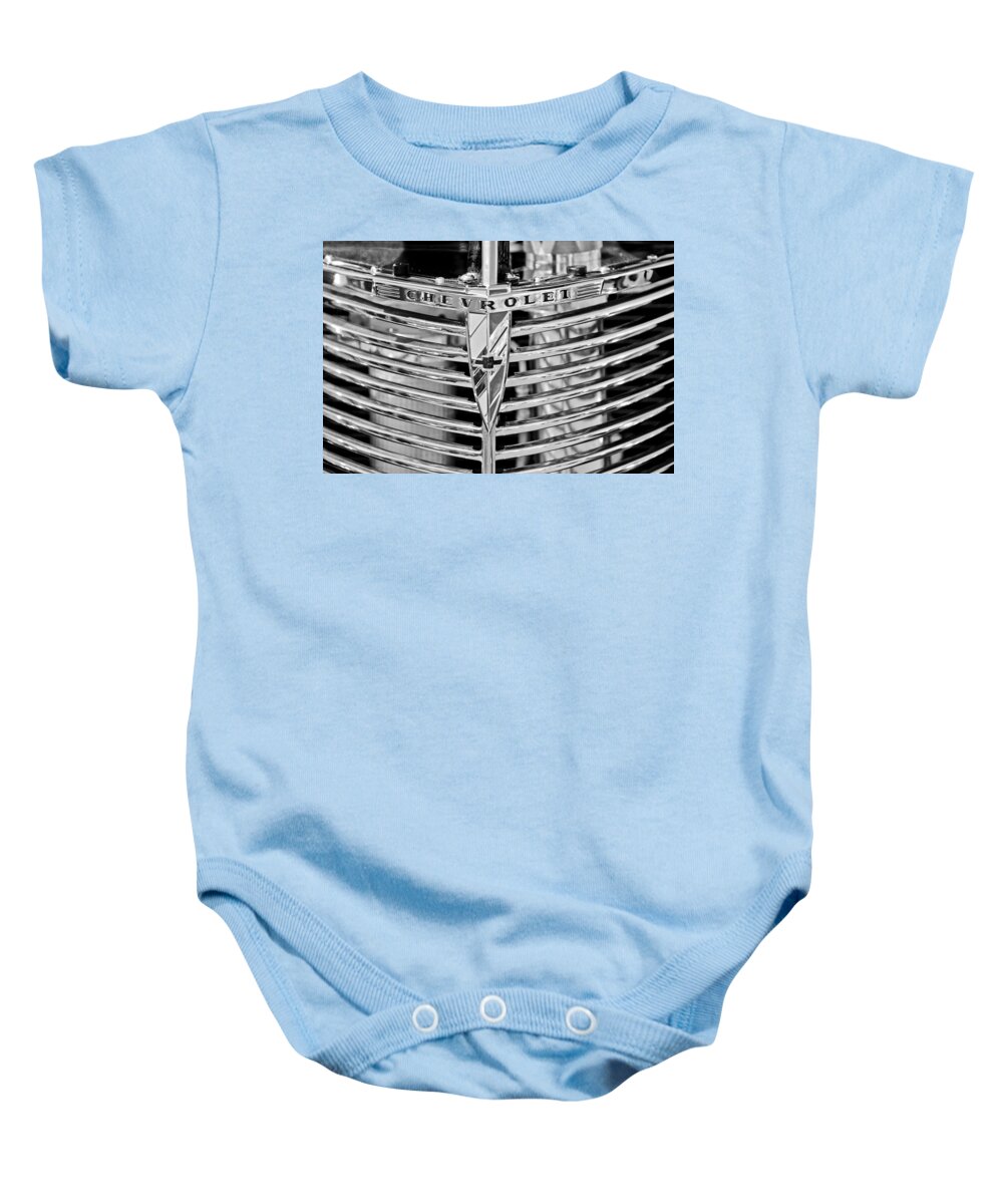 1939 Chevrolet Coupe Grille Emblem Baby Onesie featuring the photograph 1939 Chevrolet Coupe Grille Emblem by Jill Reger