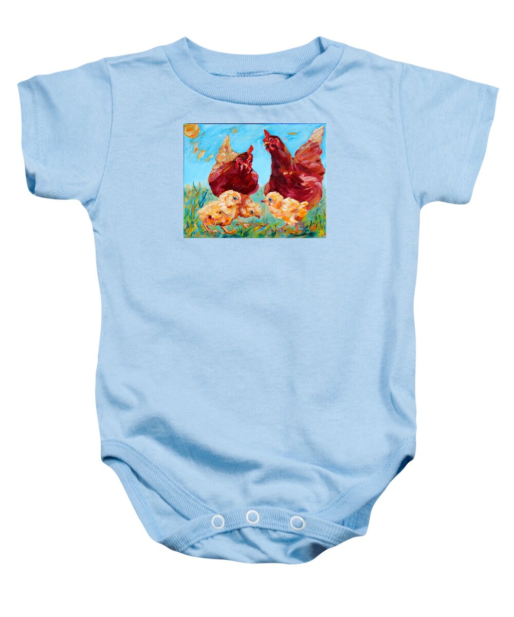 Chickens With Chicks Baby Onesie featuring the painting Free Range #1 by Naomi Gerrard