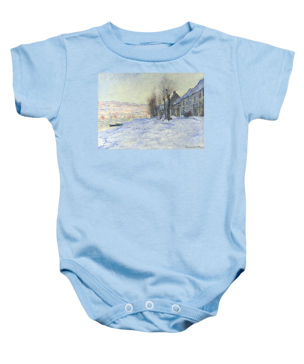 Claude Monet Baby Onesie featuring the painting Lavacourt under Snow #4 by Claude Monet