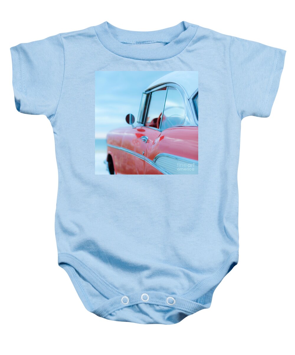 Florida Baby Onesie featuring the photograph Red Chevy '57 Bel Air at the beach Square by Edward Fielding