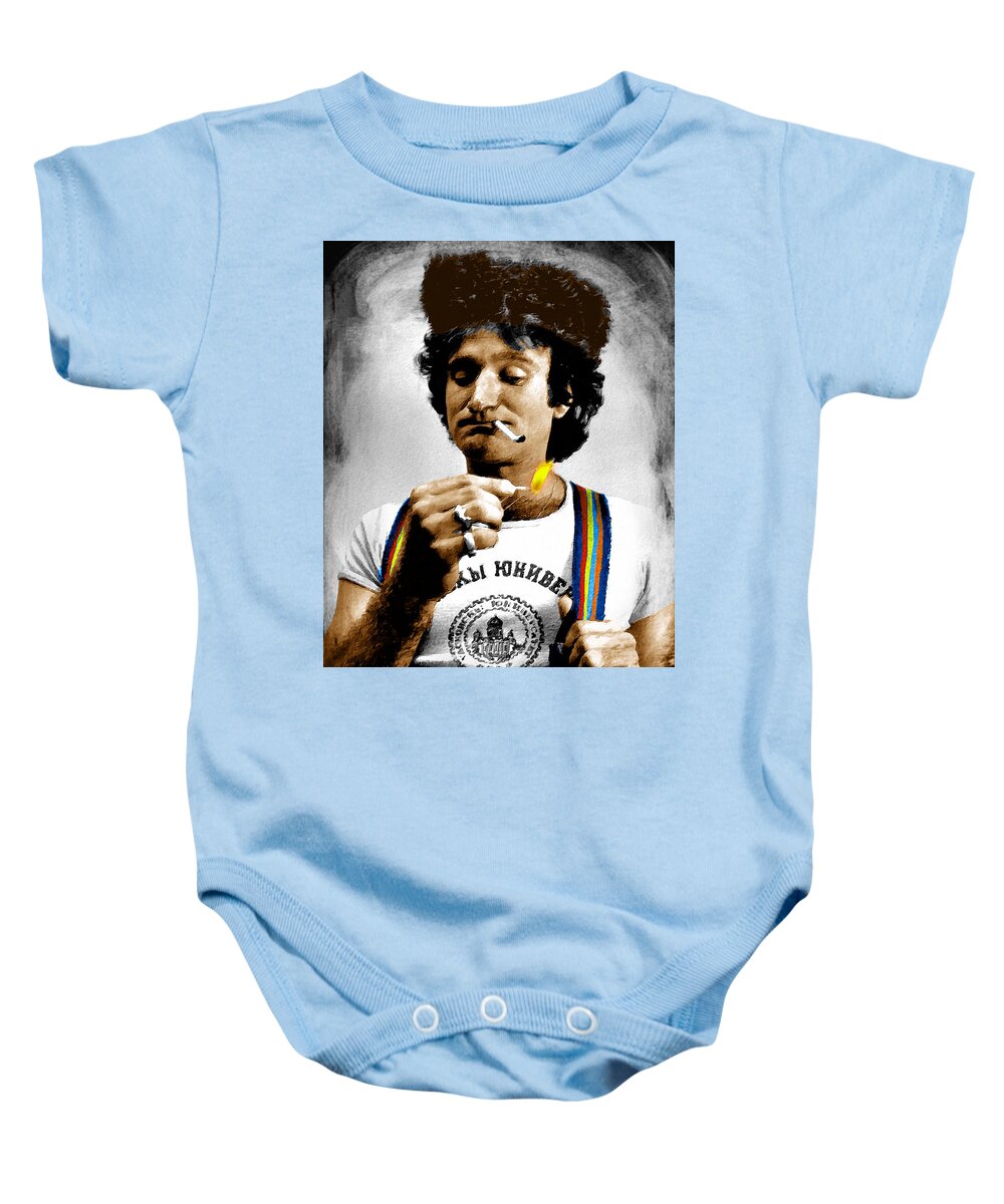Robin Williams Baby Onesie featuring the painting Robin Williams and Quotes #2 by Tony Rubino