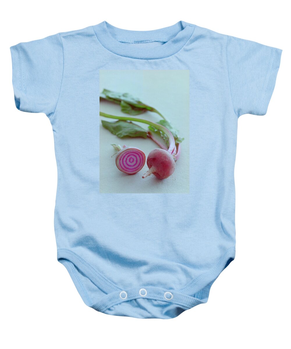 Beet Baby Onesie featuring the photograph Two Chioggia Beets #1 by Romulo Yanes