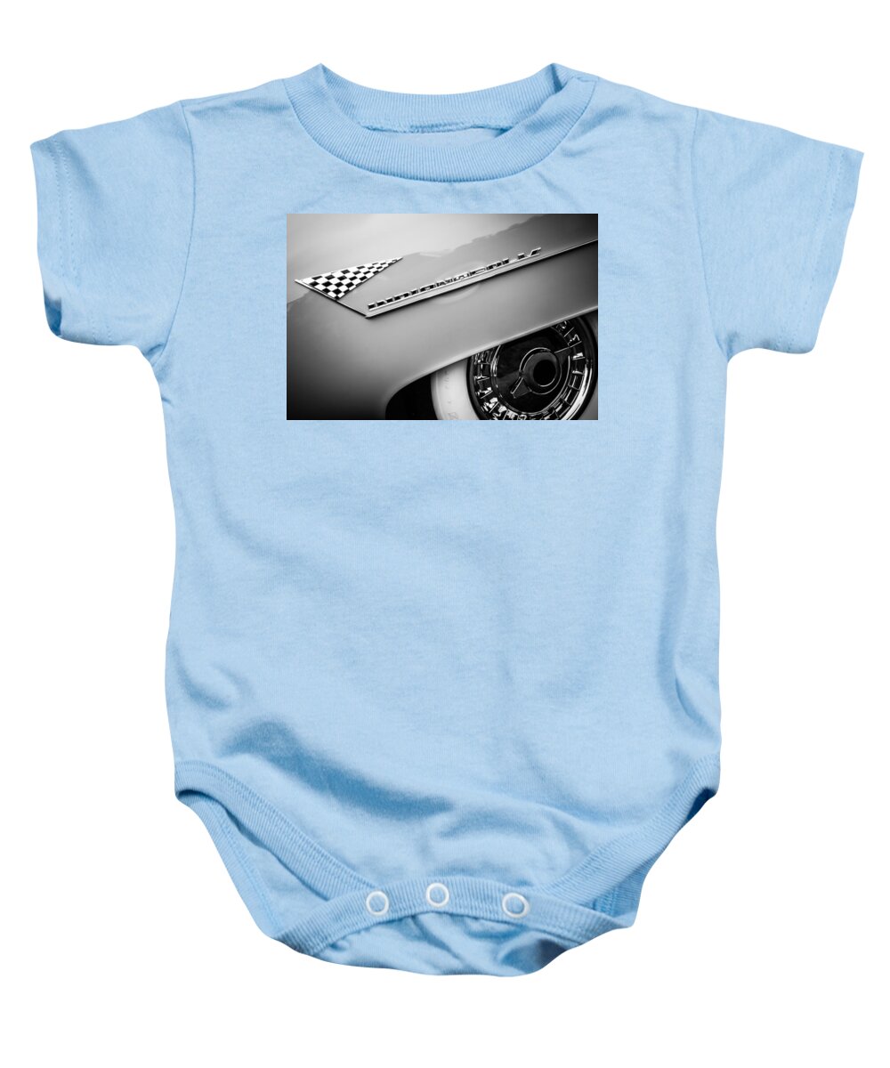 1955 Lincoln Indianapolis Boano Coupe Emblem Baby Onesie featuring the photograph 1955 Lincoln Indianapolis Boano Coupe Emblem -0295bw by Jill Reger