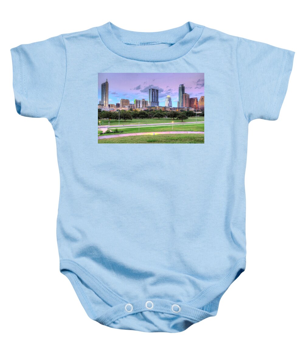 Skyline Baby Onesie featuring the photograph Austin At Twilight by Dave Files