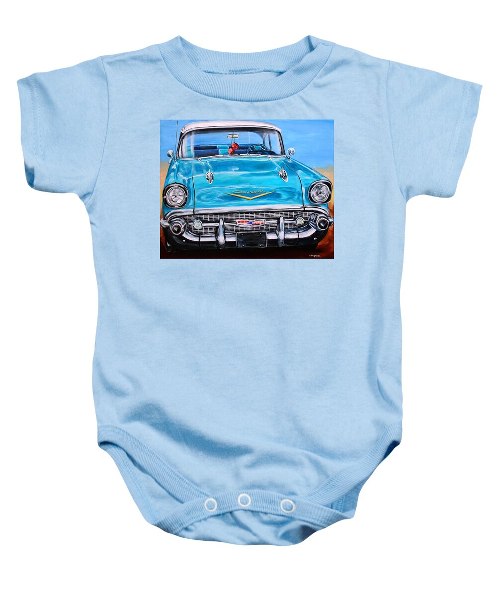 Chevy Baby Onesie featuring the painting '57 Chevy Front End by Karl Wagner