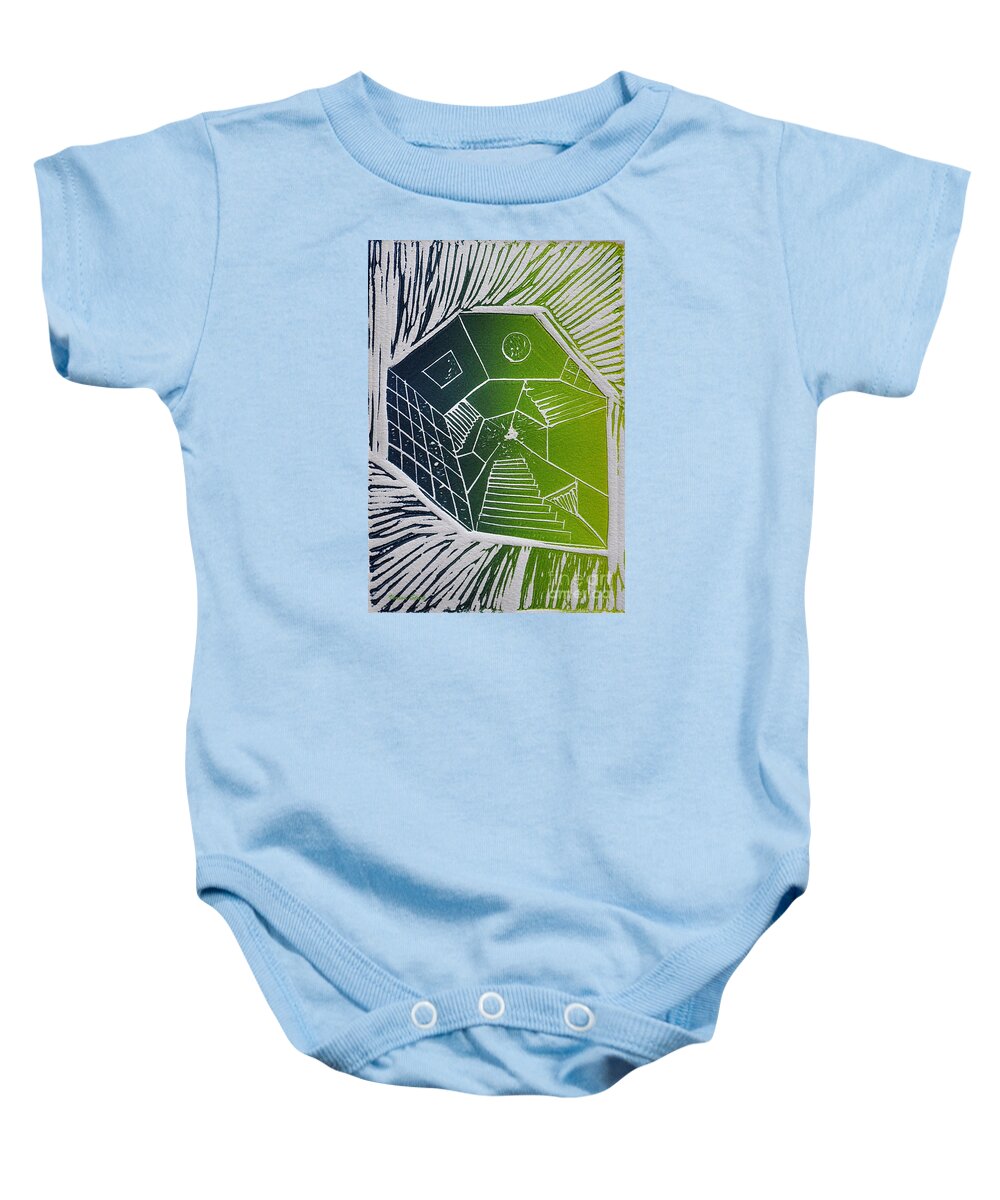 Linocut Baby Onesie featuring the mixed media A New Dimension blue and green linocut by Verana Stark