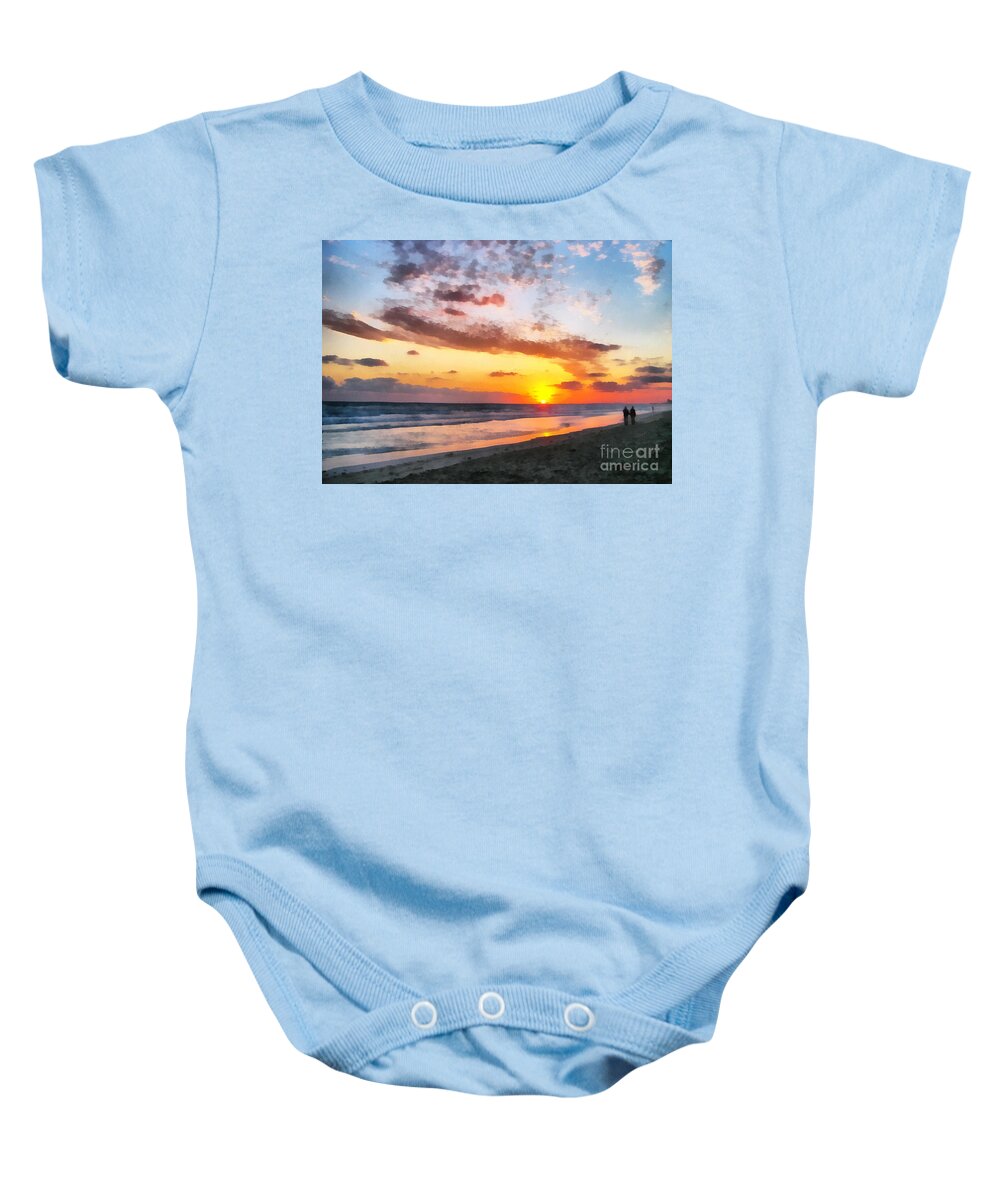  Beach Baby Onesie featuring the painting A painting of the sunset at sea by Odon Czintos