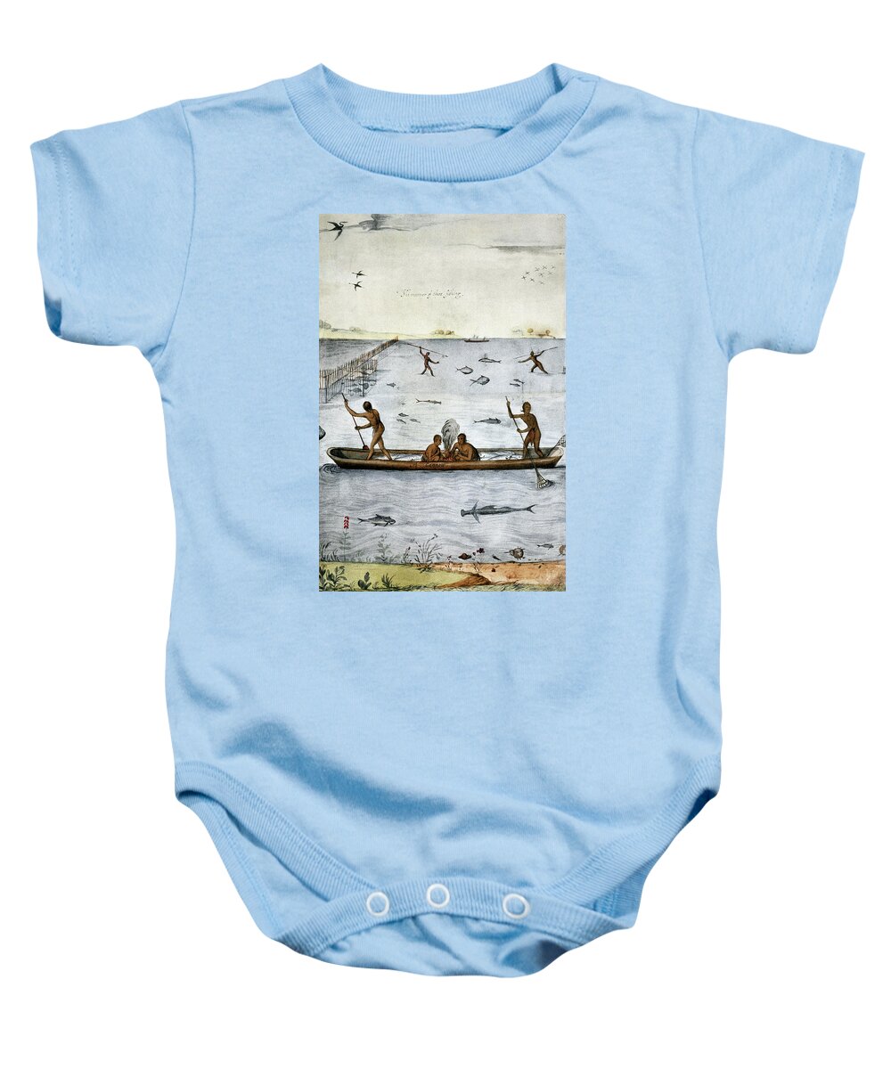 1585 Baby Onesie featuring the drawing Algonquian Fishing, 1585 by Granger