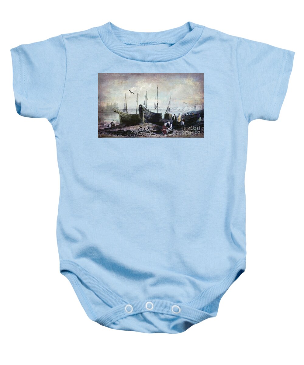 Allonby Baby Onesie featuring the digital art Allonby - Fishing Village 1840s by Lianne Schneider