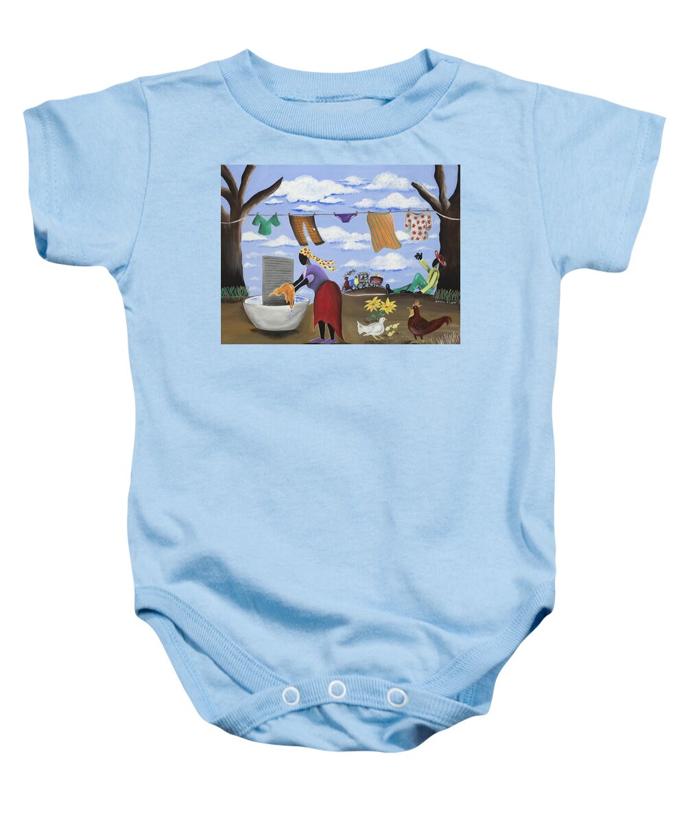 Gullah Art Baby Onesie featuring the painting Approaching the Finish Line by Patricia Sabreee